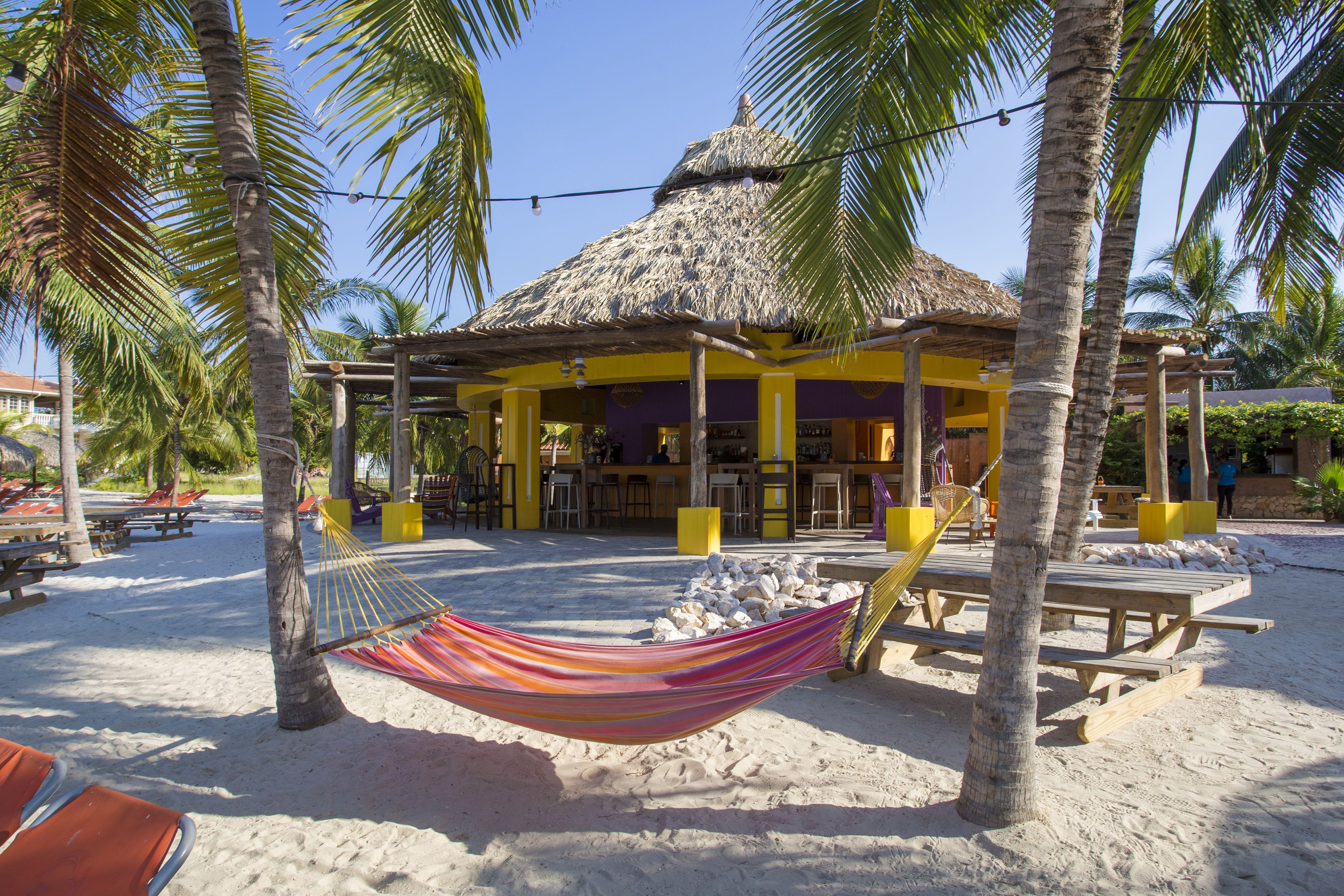 Une petite cabane au bord de la plage, avec un toit de chaume, entourée de palmiers et agrémentée d’un hamac.