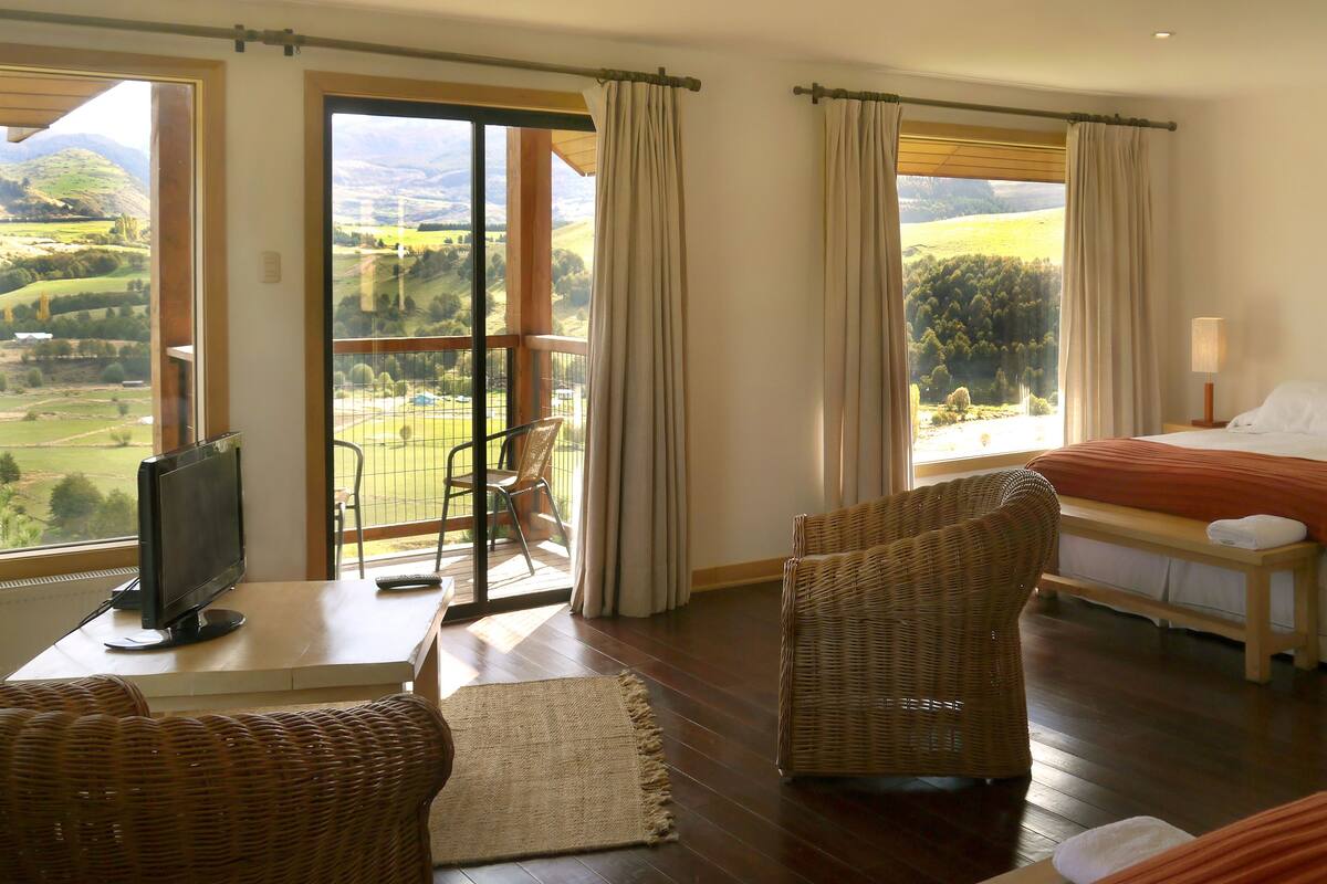 A bedroom with a bed, a TV, a chair, and a view of a green landscape.