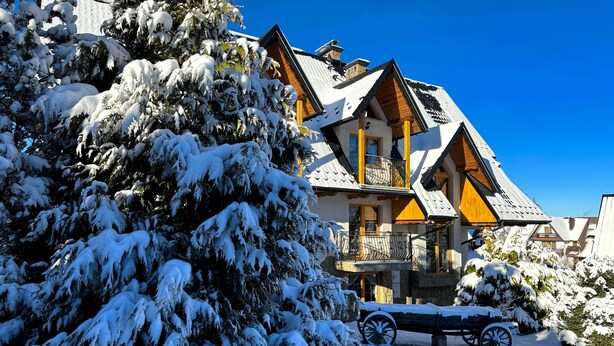 A snow-covered lodge with a wooden exterior, a balcony, and a snow-covered tree in the foreground. - Pensjonat u Ani (Zakopane)