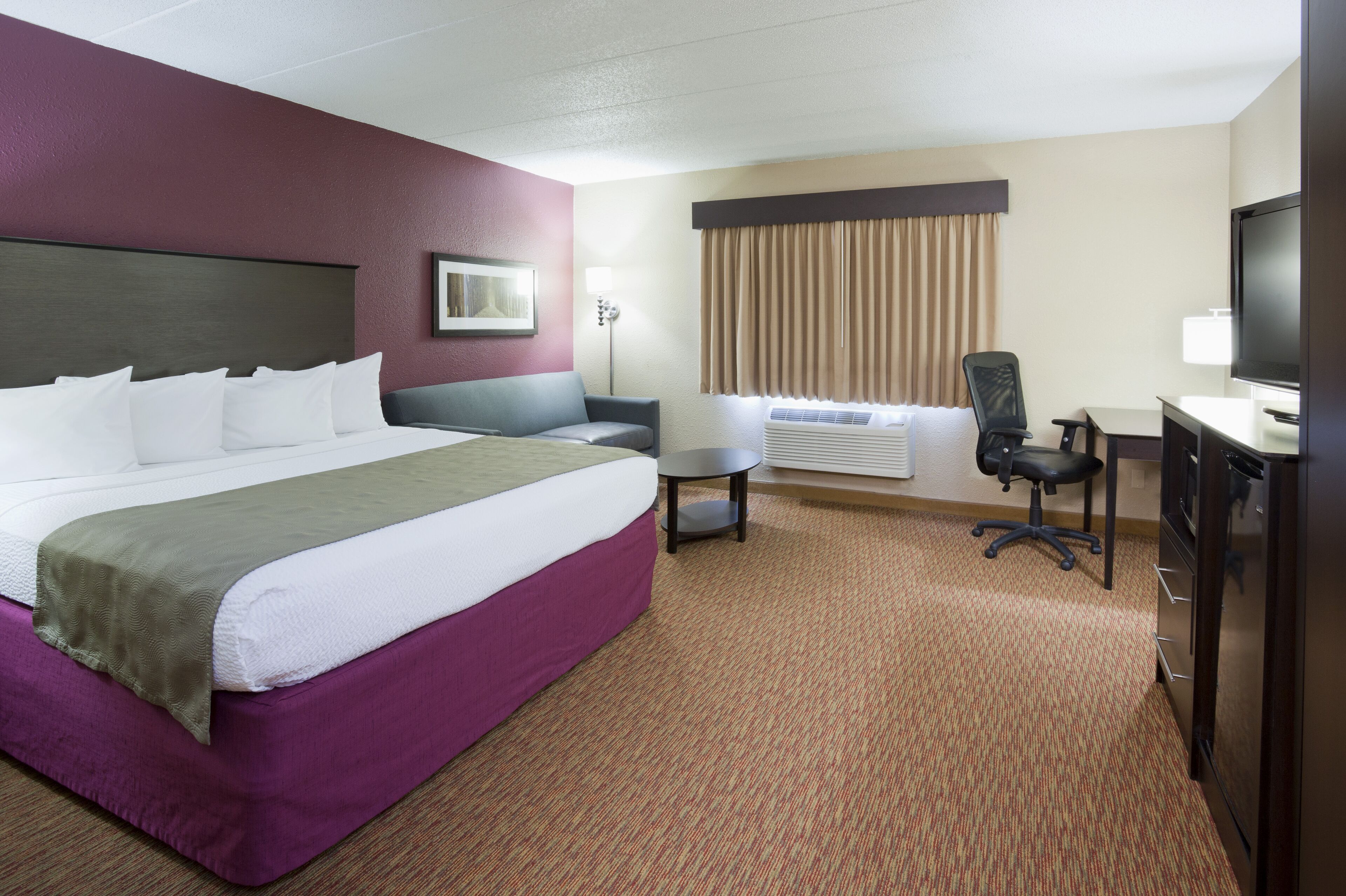 premium bedding, blackout curtains, iron/ironing board