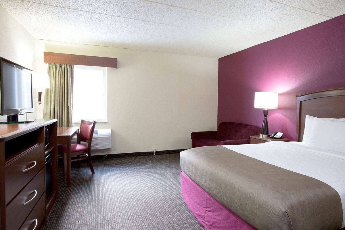 Une chambre d’hôtel avec un lit, un bureau et une chaise, une télévision et une lampe.