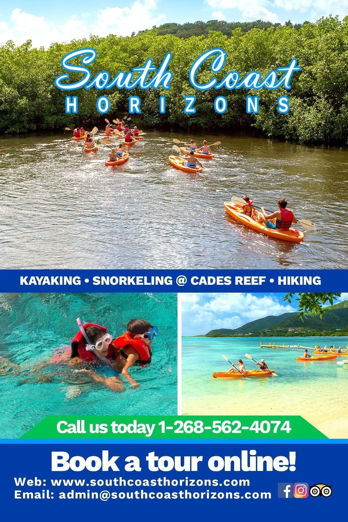 A brochure for South Coast Horizons, highlighting activities like kayaking, snorkeling, and hiking.
