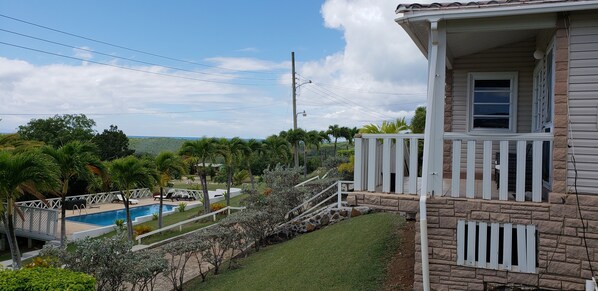 Una casa con piscina, rodeada de palmeras y vista al paisaje.