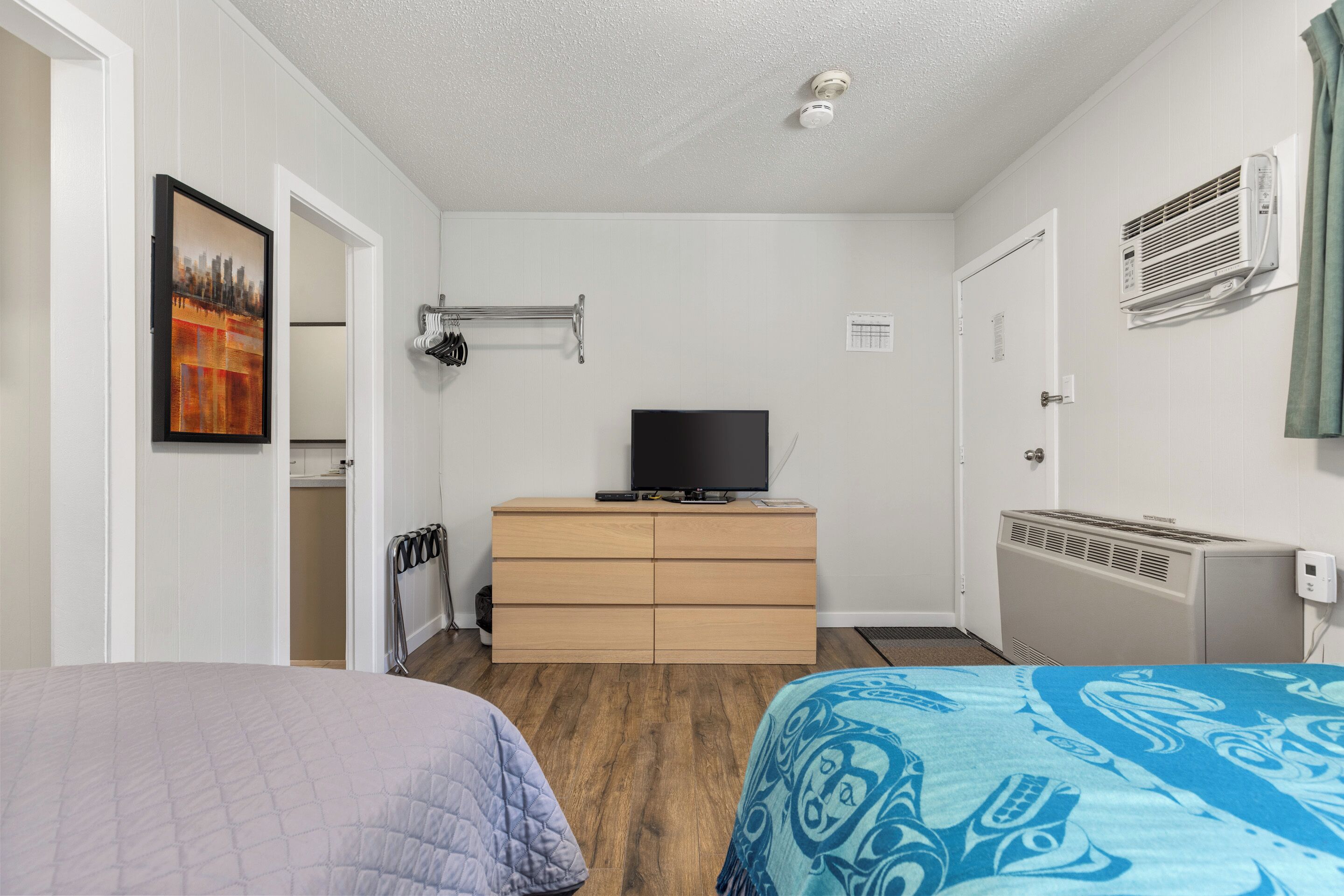 A bedroom with a bed, a dresser, a television, a radiator, and a door.