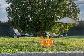 A grassy outdoor area with lounge chairs and a table under a tree.