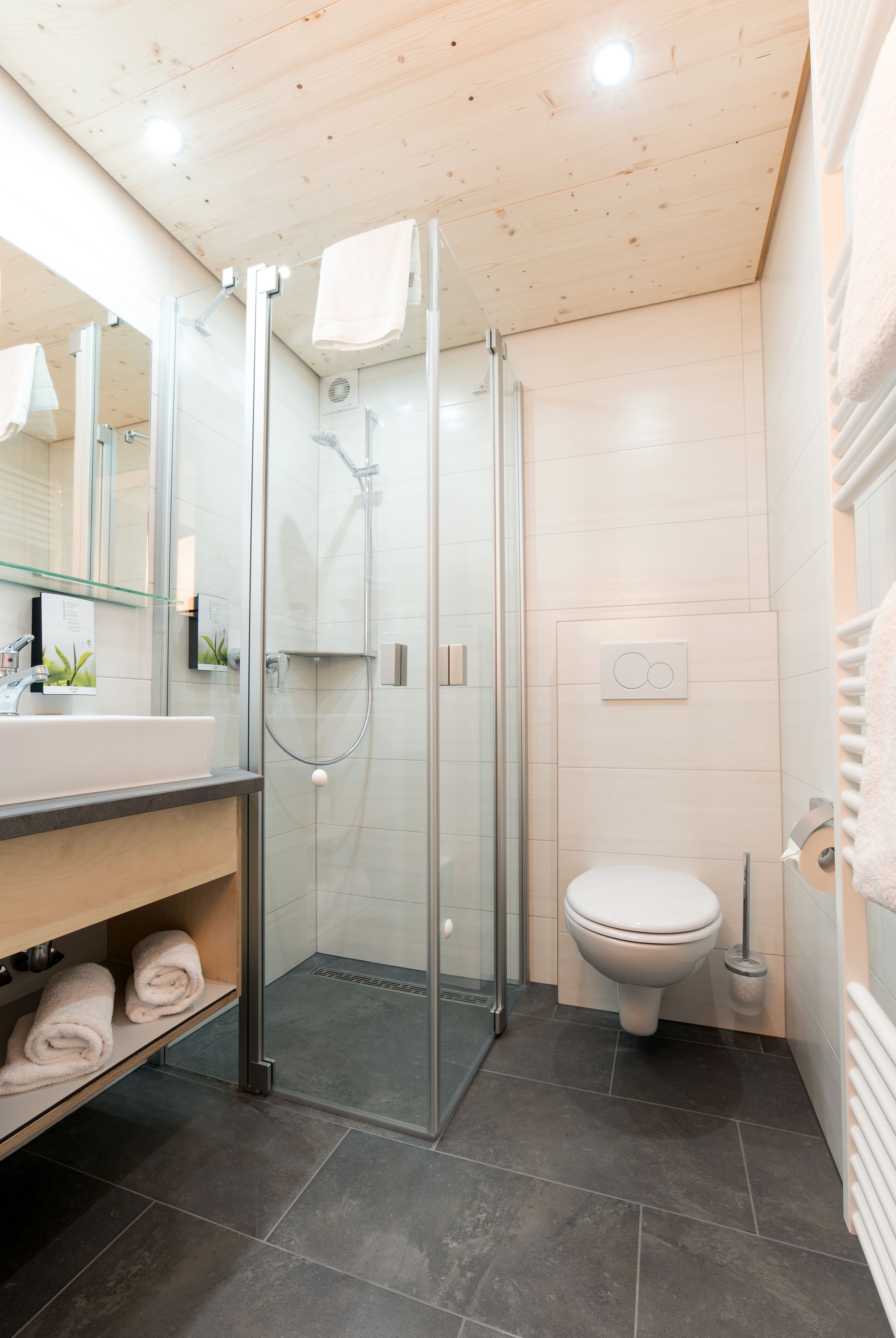 A modern bathroom with a glass-enclosed shower, a white toilet, and a vanity with a mirror and towel rack.
