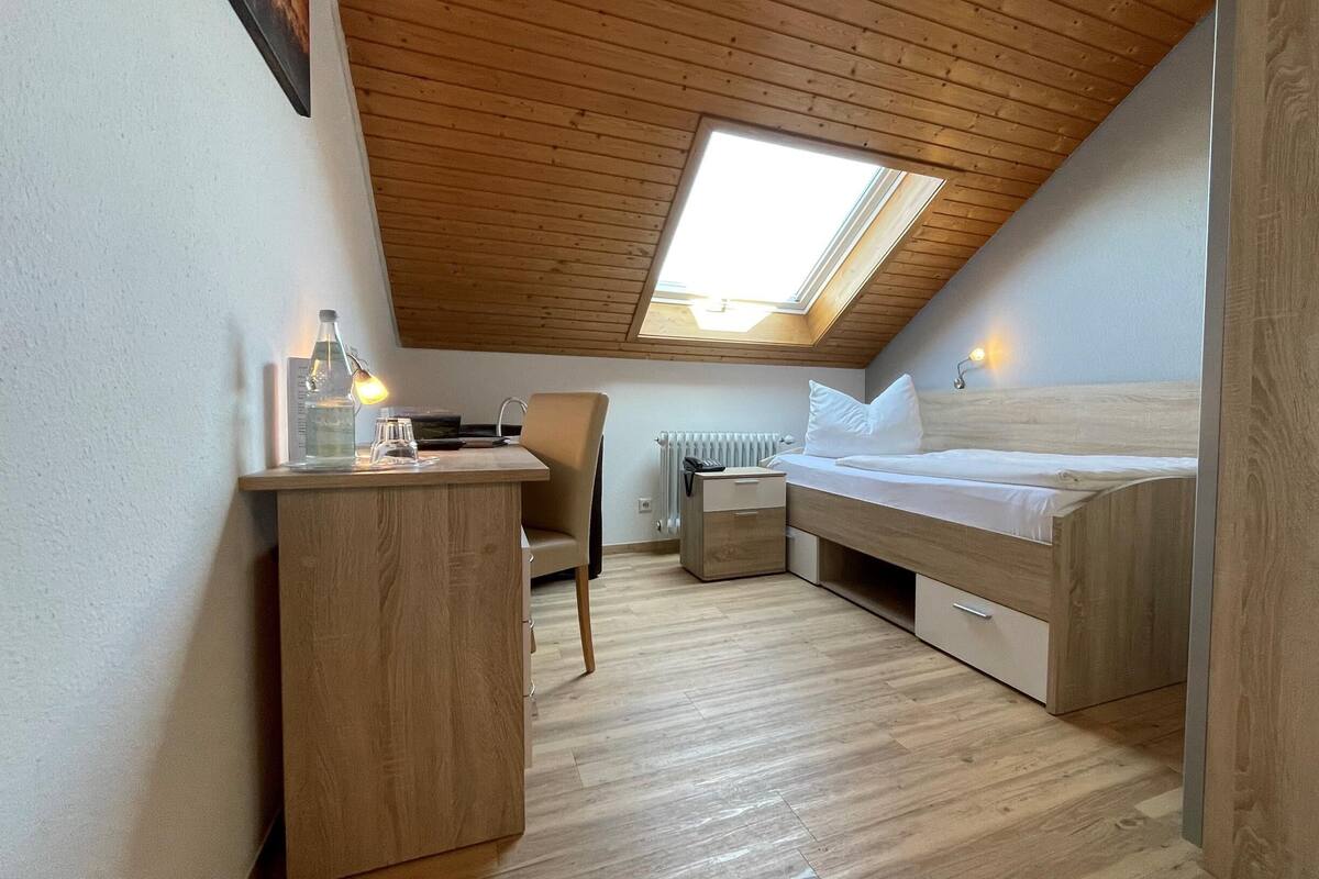 A compact bedroom with a sloped ceiling, a skylight, a bed, a desk, and a chair.