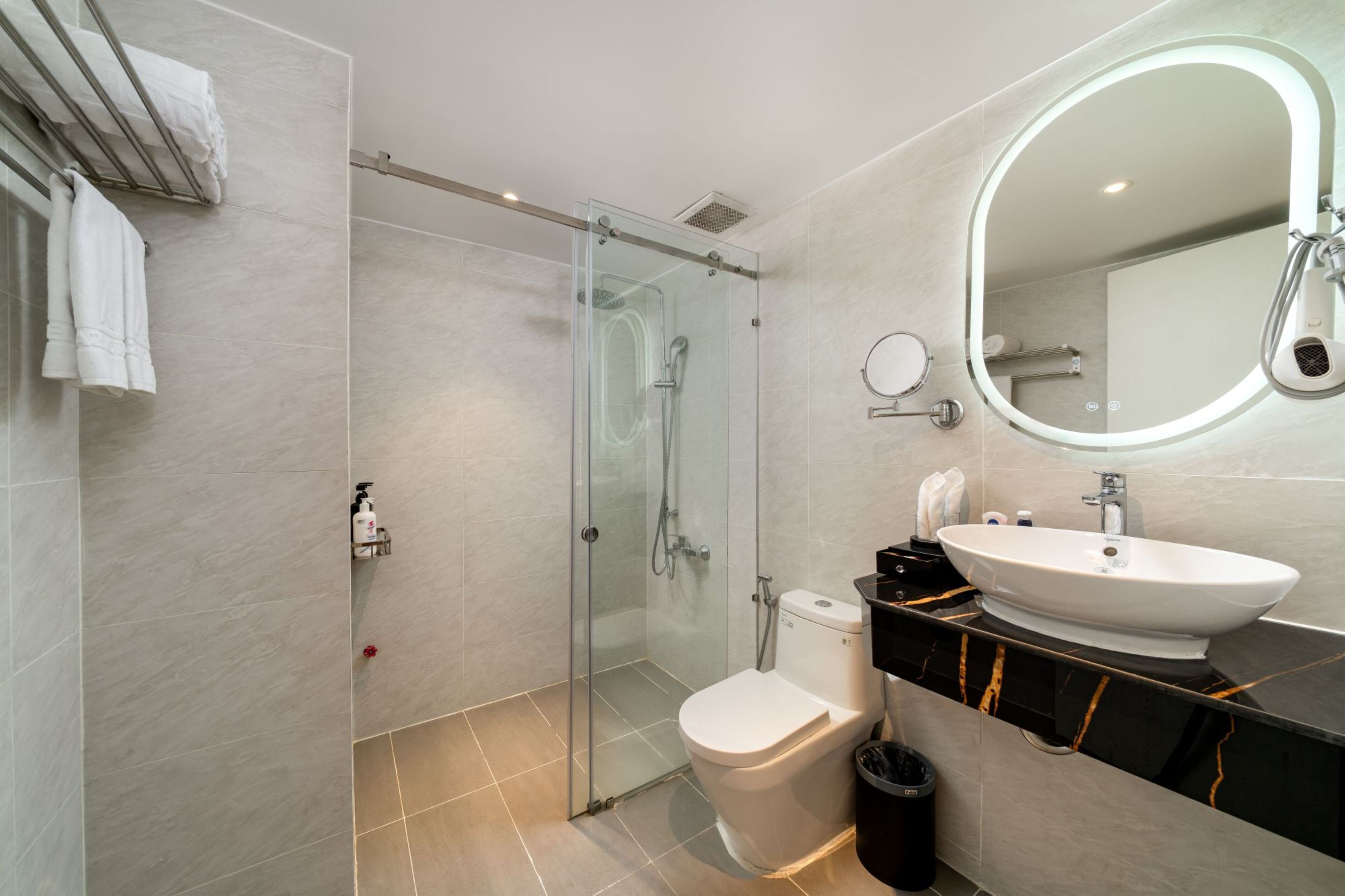 A modern bathroom with a glass-enclosed shower, a toilet, a sink with a vanity, and a large mirror.