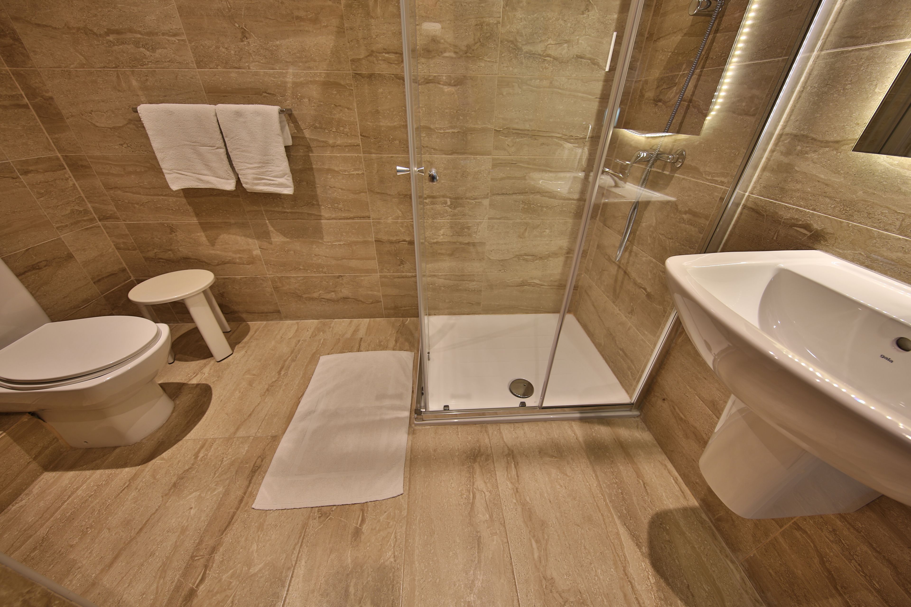A modern bathroom with a glass shower enclosure, a white sink, and a toilet.