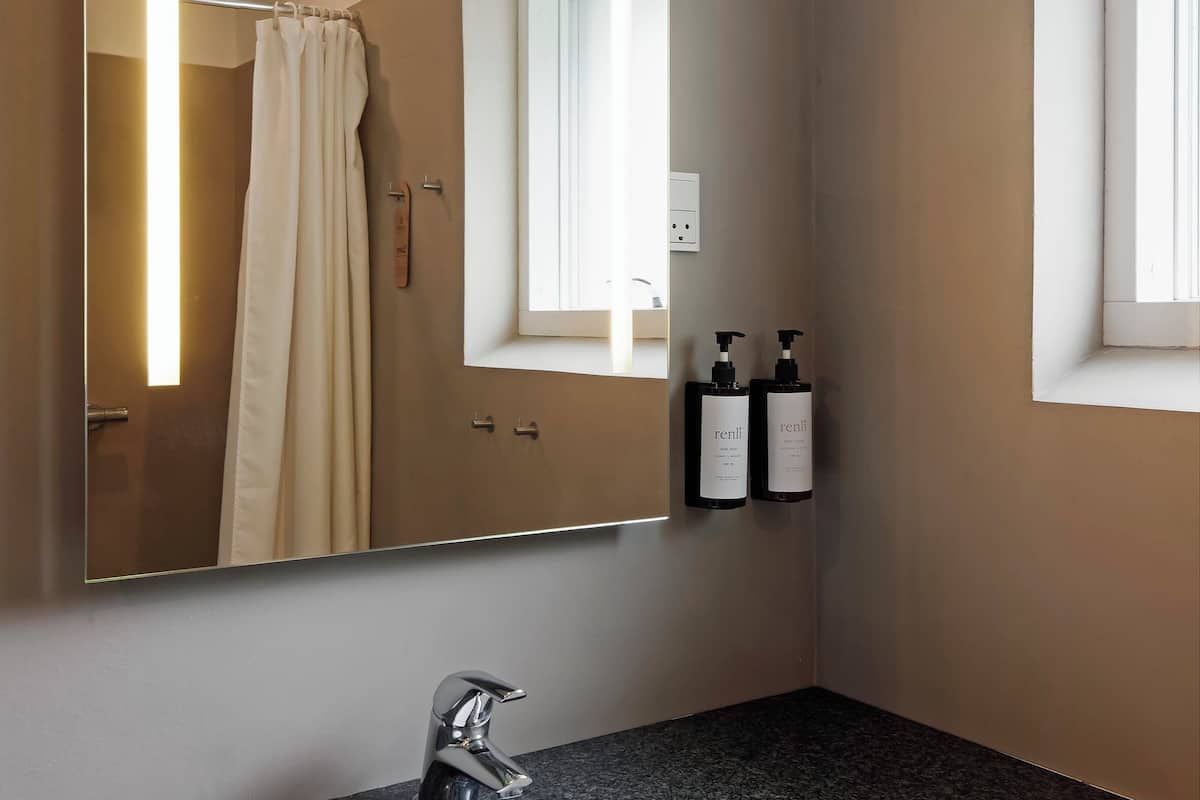 standard double room | bathroom | shower, hair dryer, towels