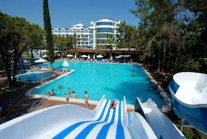 2 outdoor pools, pool umbrellas, pool loungers