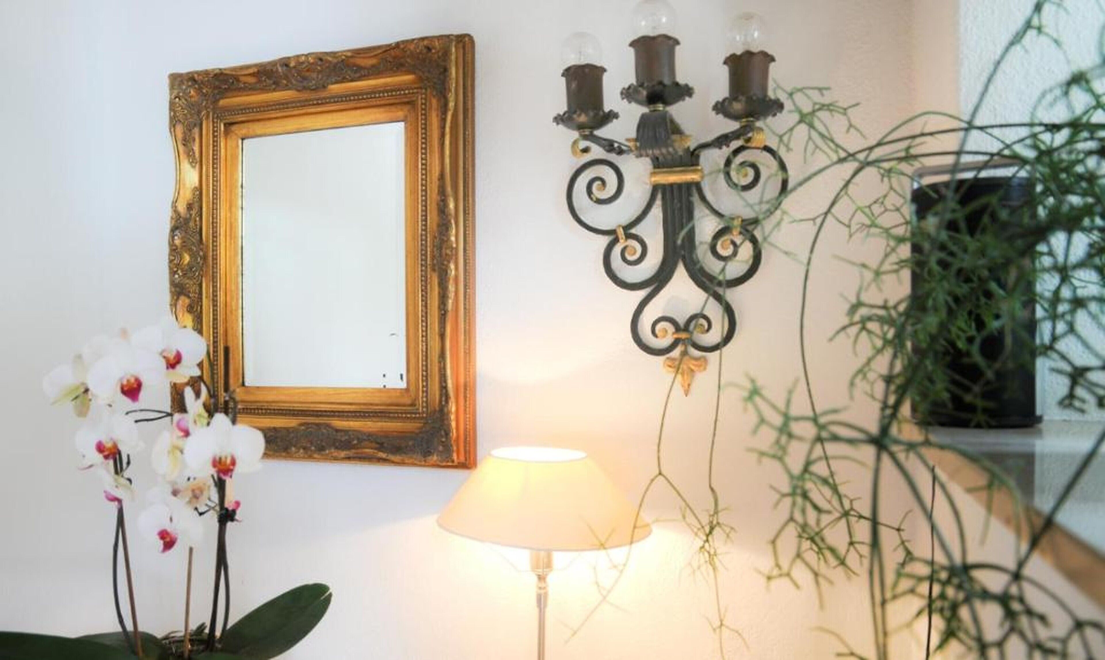 A framed mirror, a wall-mounted candelabra, a floor lamp, and a potted plant.