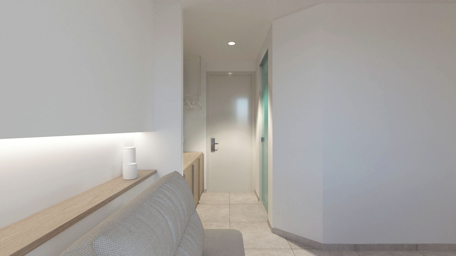 A narrow hallway with a bench on the left, a door at the end, and a wall-mounted shelf with two white containers.
