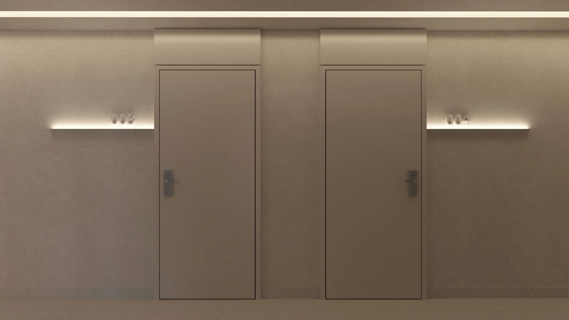 A pair of closed doors with a light strip above each, likely indicating an elevator or service area.