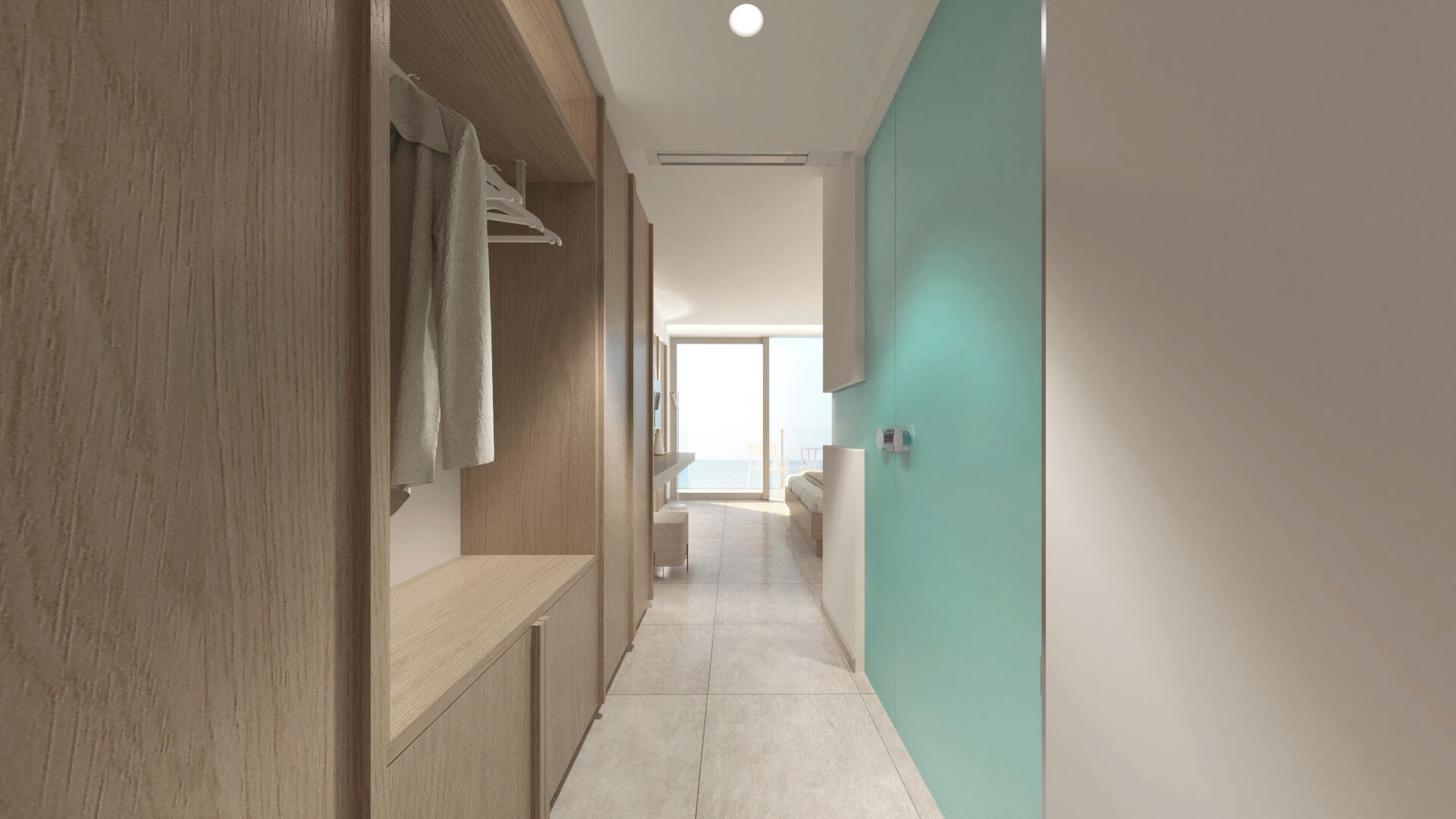 A modern hotel corridor with a wooden wardrobe, a bench, and a view of a balcony.