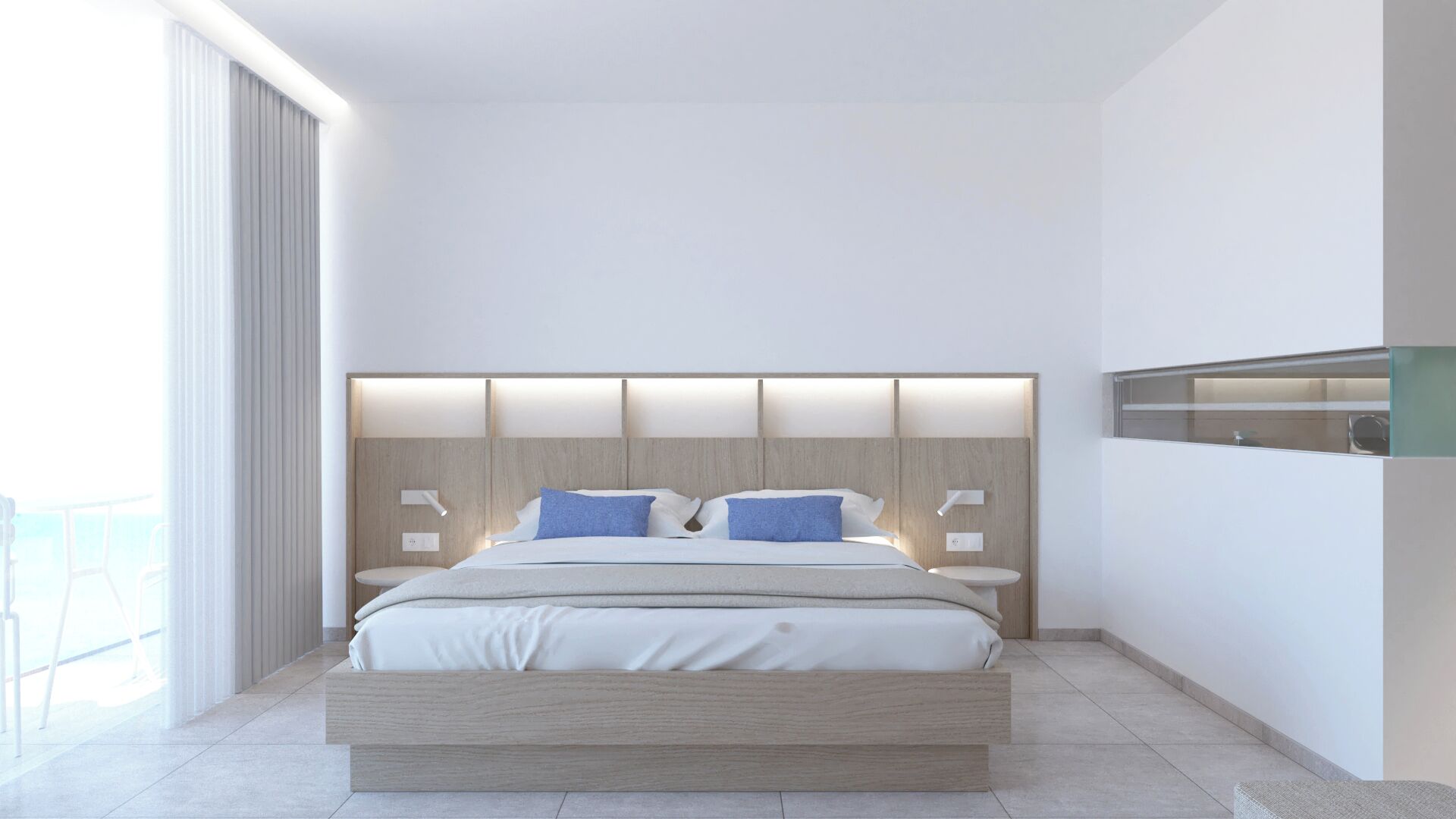 A modern bedroom with a large bed, wooden headboard, bedside tables, and a view of the outdoors.
