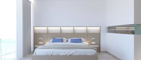 A modern bedroom with a large bed, wooden headboard, bedside tables, and a view of the outdoors.