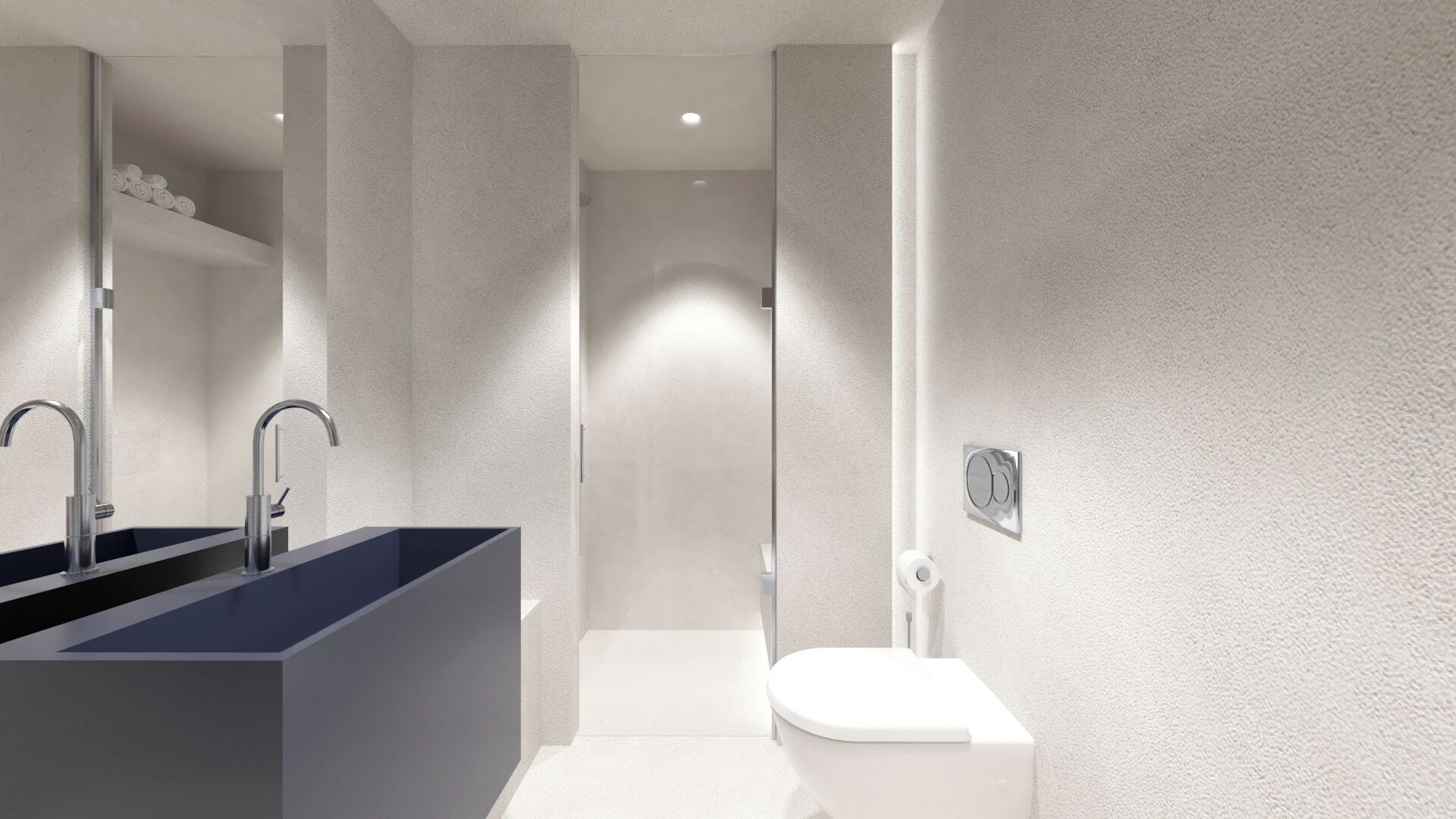 Een moderne badkamer met een donkerblauwe wastafel, twee kraanwerkstukken, een wit toilet en een douchecel.