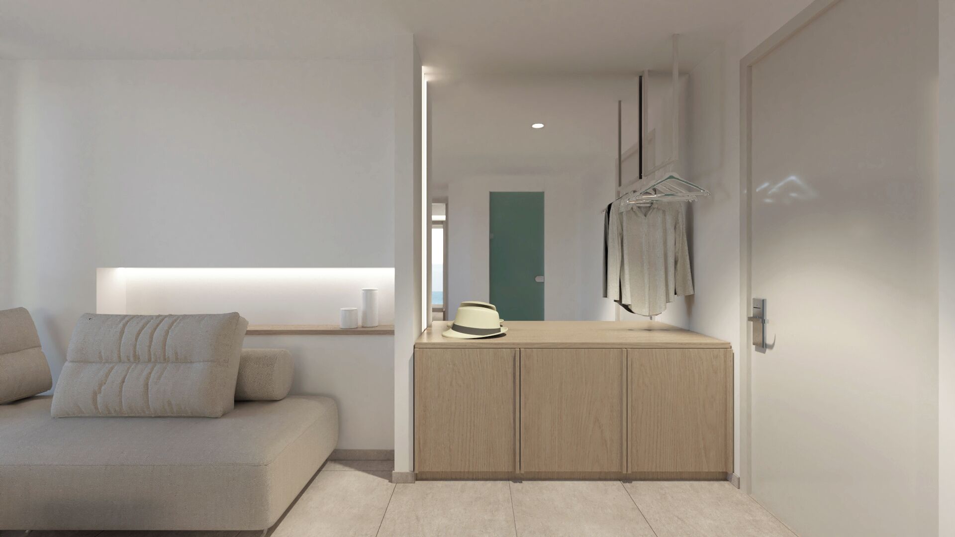 A modern, minimalist bedroom with a bed, bedside table, and a mirror.