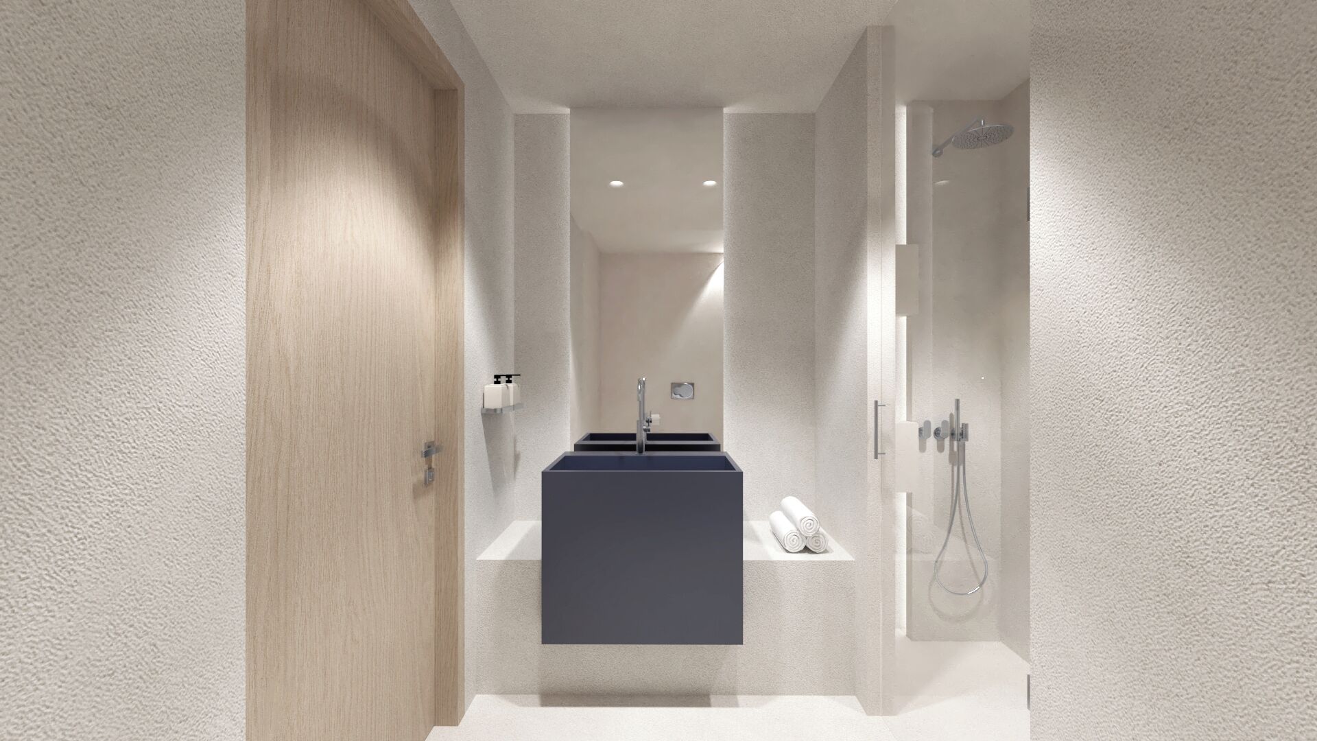 Un baño moderno con un lavamanos central, una zona de ducha y una puerta de madera.