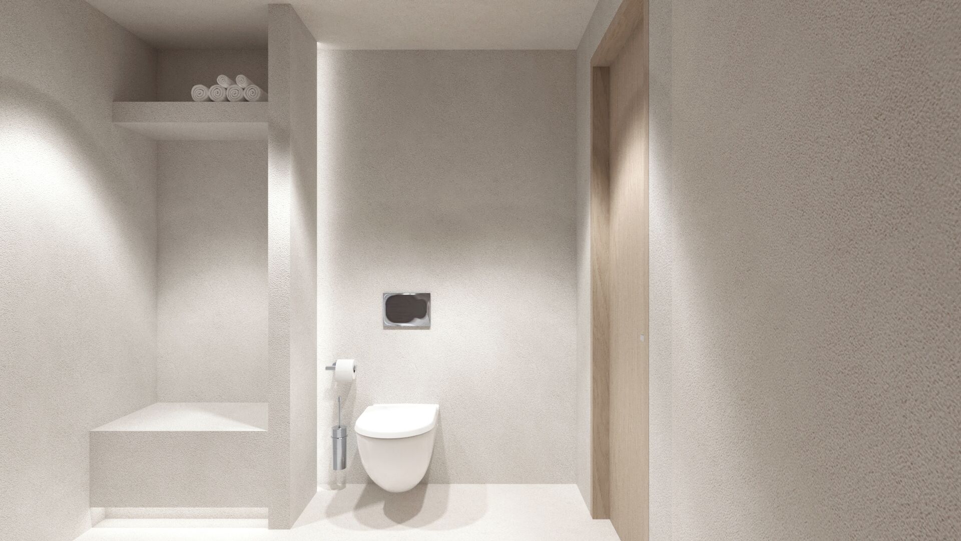 Un baño moderno con inodoro, repisa con toallas y un pequeño cubo de basura.