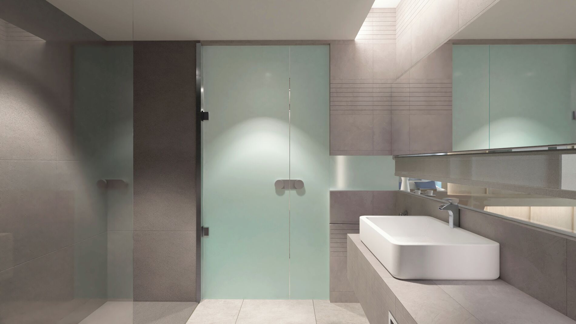 A modern bathroom with a large mirror, a white sink, and a frosted glass door.