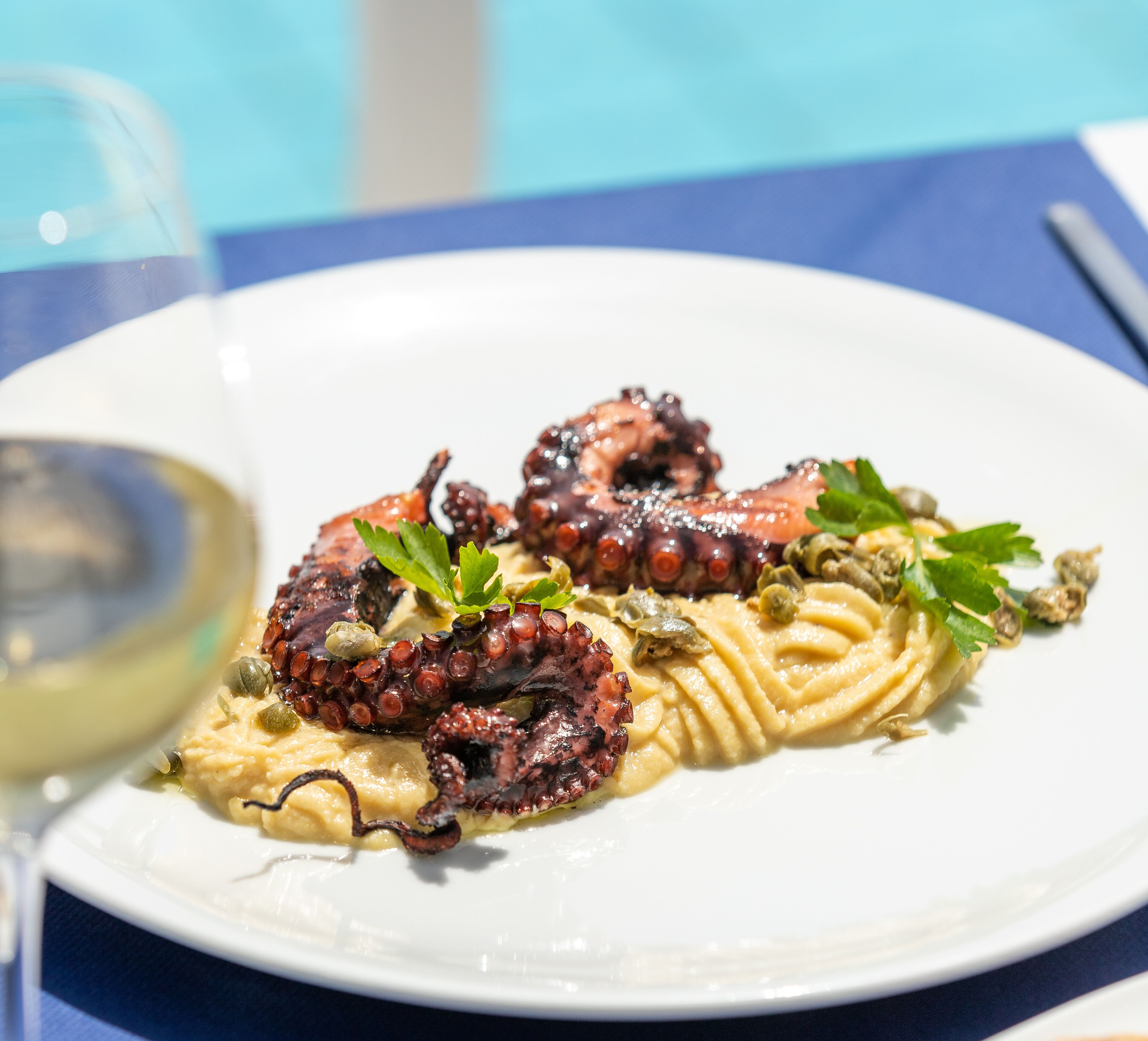 A plate of octopus with pasta and garnish, accompanied by a glass of white wine.