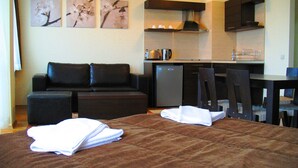A compact hotel room with a bed, a small sofa, a kitchenette, and a dining area. - All Seasons Club (Bansko)