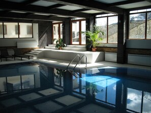 An indoor swimming pool with clear glass walls, a set of stairs leading to a seating area, and potted plants. - All Seasons Club (Bansko)