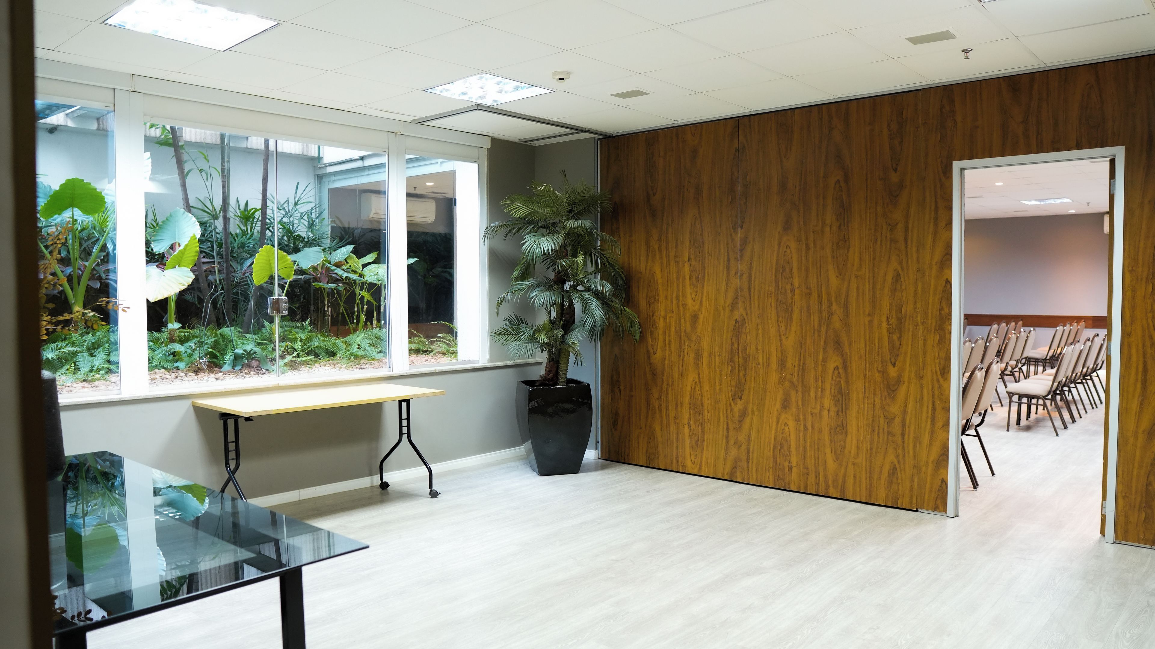 Un espacio de oficina moderno con pared de vidrio, panel de madera, una planta en maceta, mesa de vidrio y zona de estar con sillas.