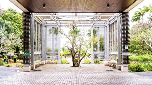 A covered outdoor area with a central tree, surrounded by a metal structure and greenery. - Holiday Inn Mauritius Mon Tresor by IHG (Plaine Magnien)