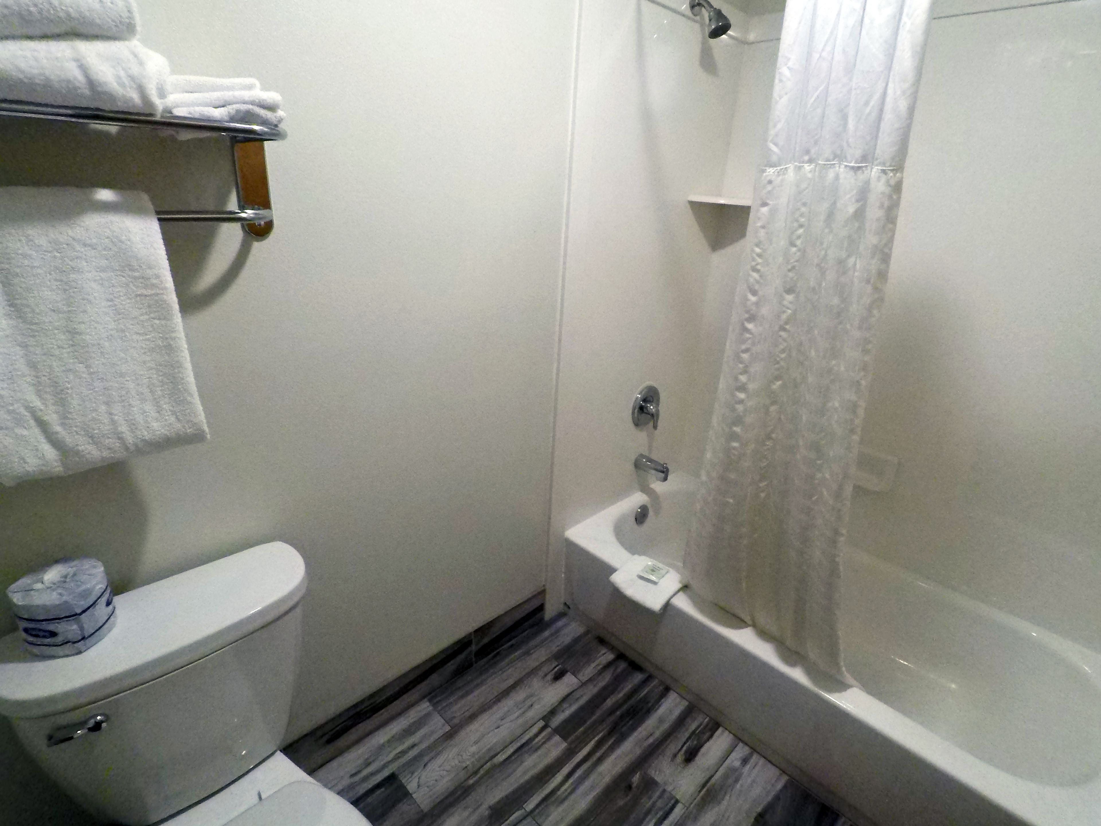 A bathroom with a toilet, a bathtub with a shower curtain, and a towel rack with towels.