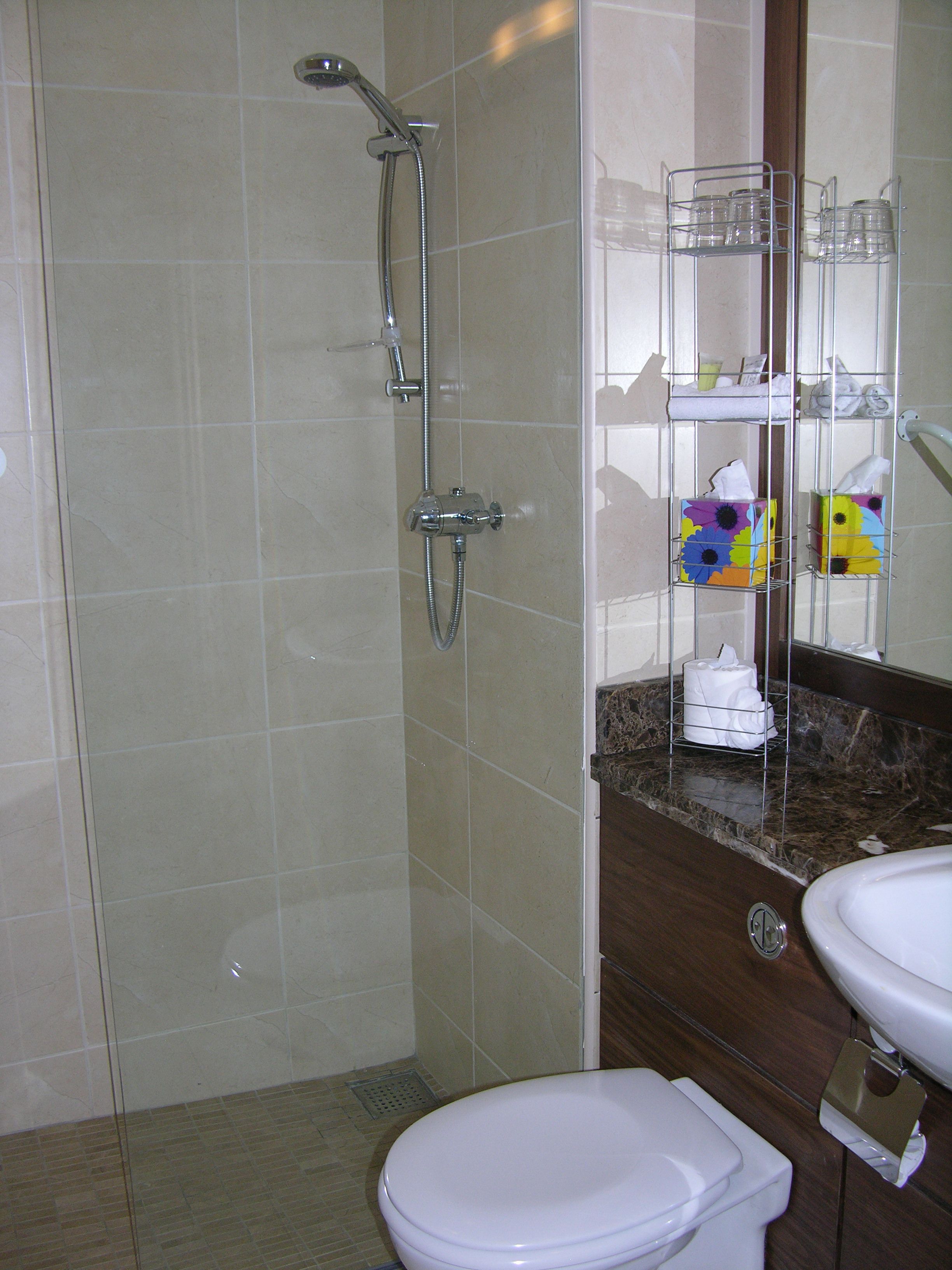 A bathroom with a shower, toilet, and a vanity with a mirror.