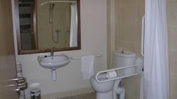 Une salle de bain avec un lavabo, des toilettes et une douche.