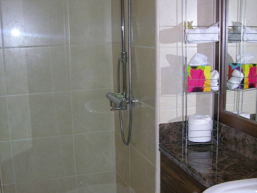 Un baño con ducha, inodoro y espejo con toallero.