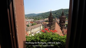 A view from a window overlooking Freiburg in Breisgau, featuring historic buildings and a hill in the background. - Hotel Waldblick (Donaueschingen)