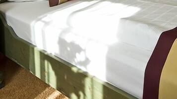 Ein ordentlich bezogenes Bett mit weißen Leinentüchern und zwei Zierkissen, einer Wandmalerei und einer Nachttischlampe.
