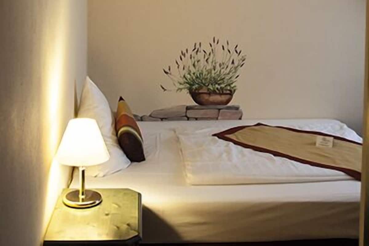 A bedroom with a bed, a bedside table with a lamp, a potted plant, and a wall clock.