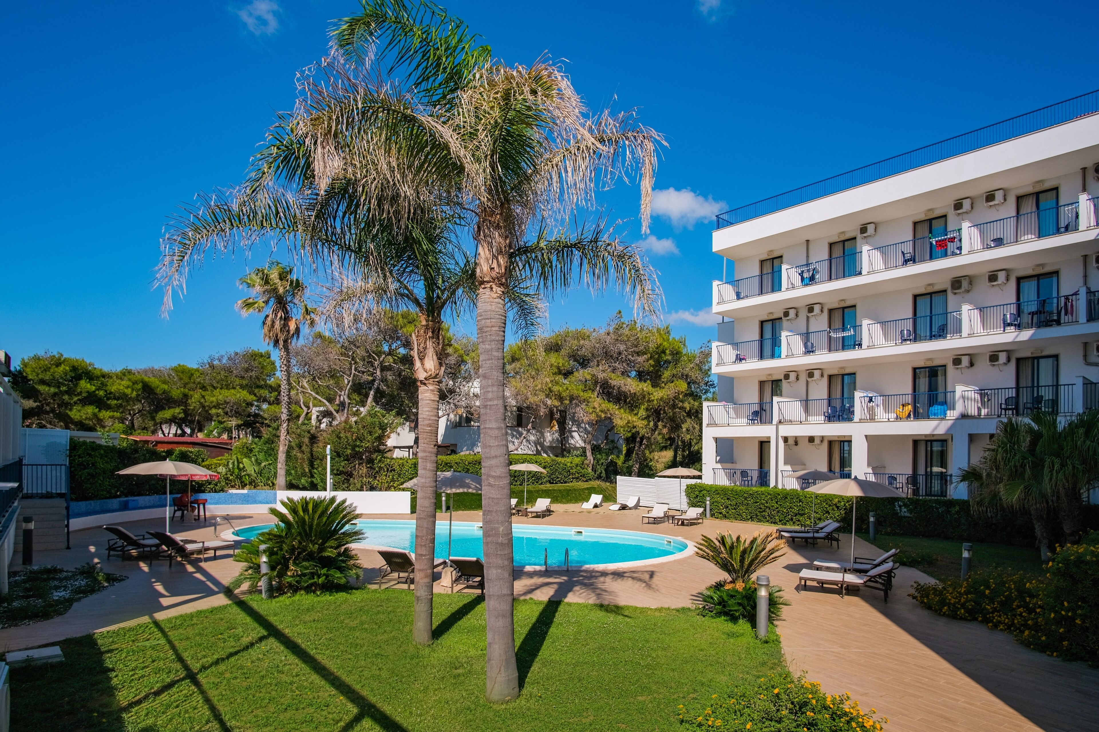 Un hotel con piscina, sillas de descanso al aire libre y palmeras.