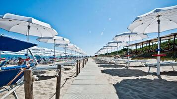 A beach with rows of sunbeds and umbrellas, a clear sky, and a sandy path leading to the sea.