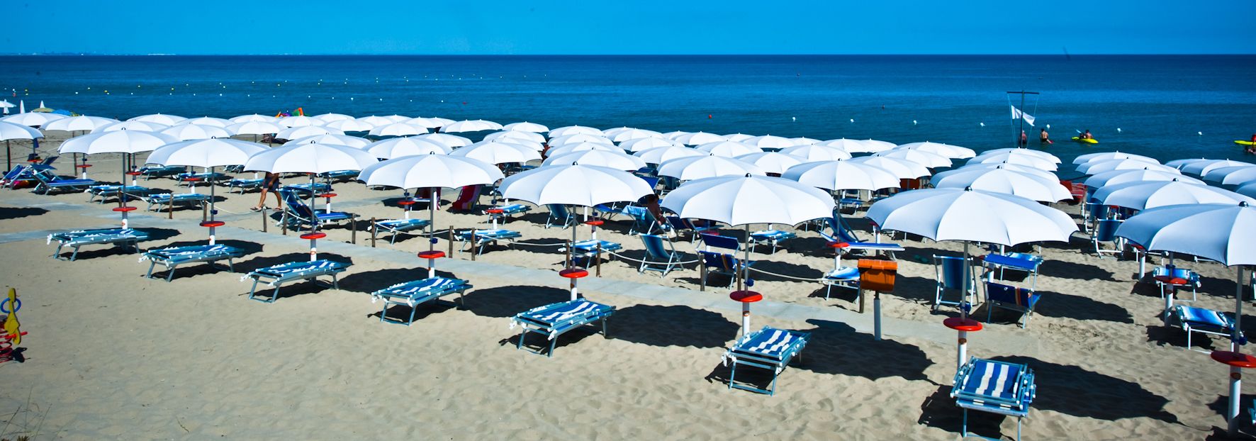 A beach with numerous white umbrellas and blue lounge chairs arranged in rows.