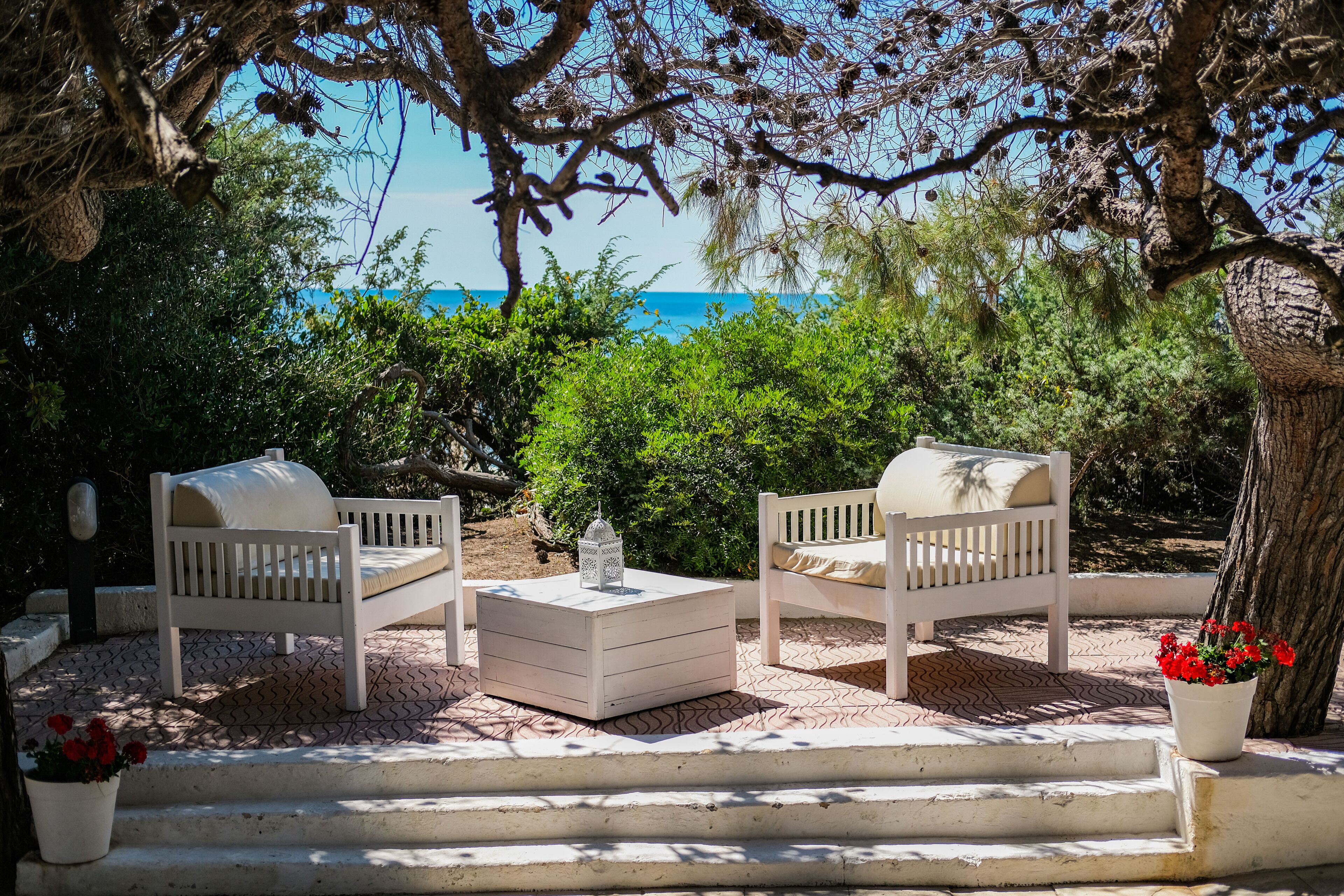 Un patio con mobiliario blanco, una mesa de centro blanca y una planta en maceta con flores rojas.