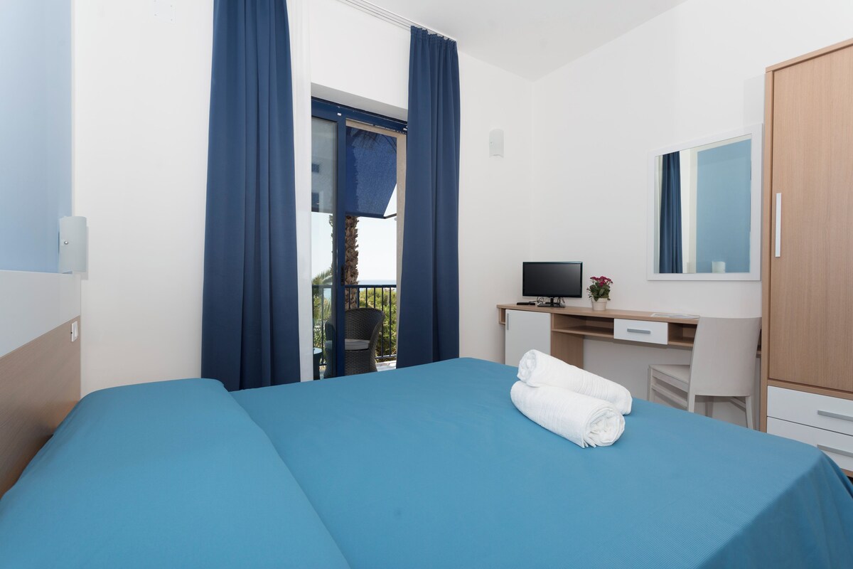 A hotel room with a bed, a desk, a TV, and a wardrobe.