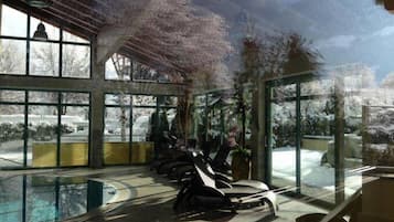 Indoor pool, seasonal outdoor pool, pool umbrellas, pool loungers