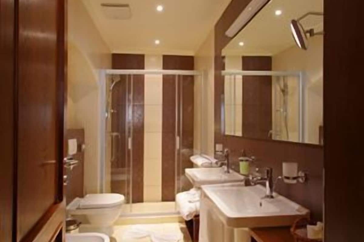 shower, hair dryer, bathrobes, slippers