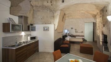 A compact kitchen with modern appliances, a dining area with a table and chairs, and a cozy living space with a sofa and a fireplace.