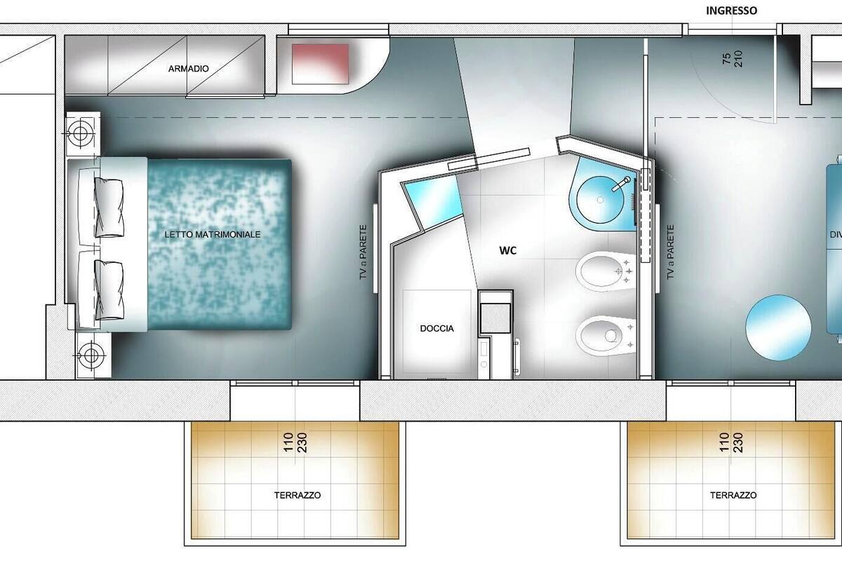 A hotel layout with a swimming pool, ensuite bathroom, and separate living and sleeping areas.