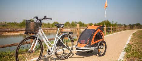 A bicycle with a child seat attached, parked on a paved path beside a body of water.