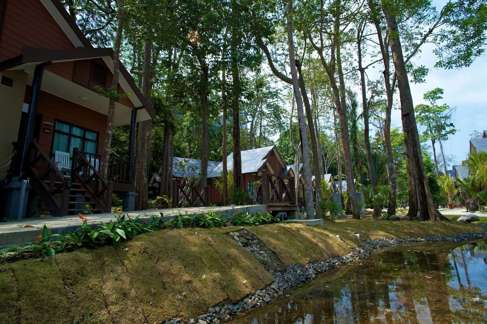 Un complejo turístico con cabañas de madera rodeado de altos árboles y un pequeño estanque.