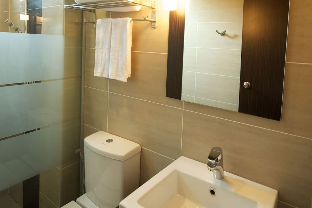 shower, free toiletries, dressing gowns, towels